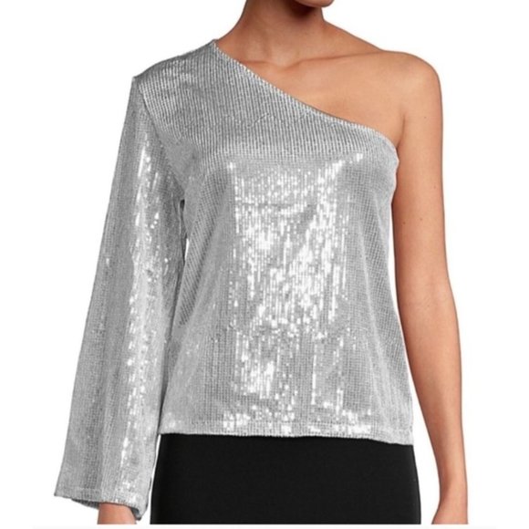 Size Small Lea & Viola‎ One Shoulder Sequin Top Party Silver Metallic New Year's - Picture 1 of 7